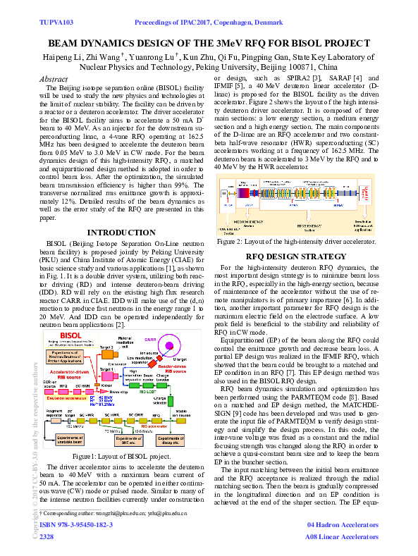 (PDF) Beam Dynamics Design of the 3MeV RFQ for BISOL Project