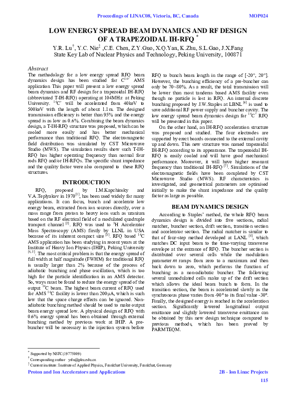 (PDF) Low Energy Spread Beam Dynamics and RF Design of a Trapezoidal Ih-RFQ
