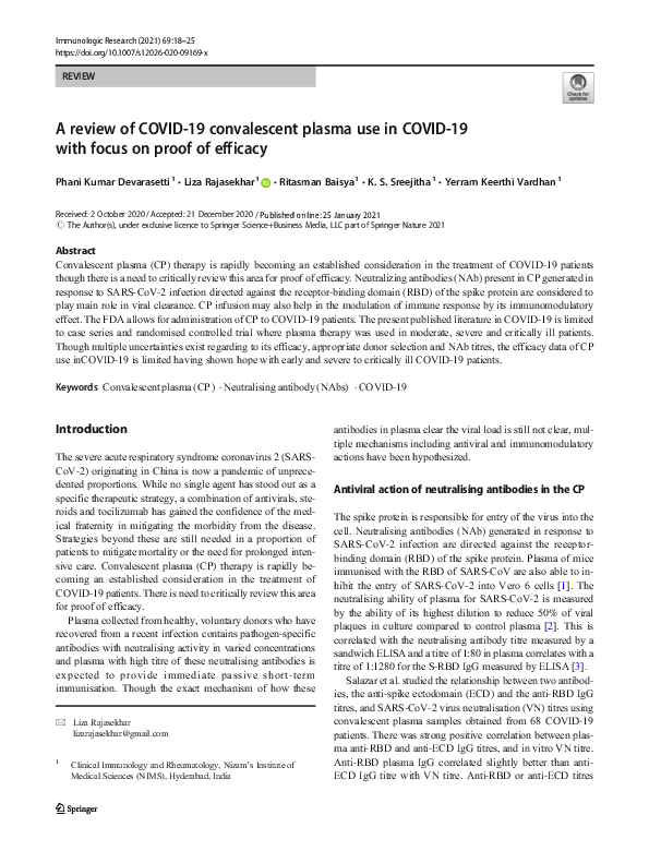 (PDF) A review of COVID-19 convalescent plasma use in COVID-19 with ...