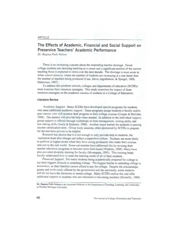 The Effects of Academic, Financial and Social Support on Preservice Teachers' Academic Performance