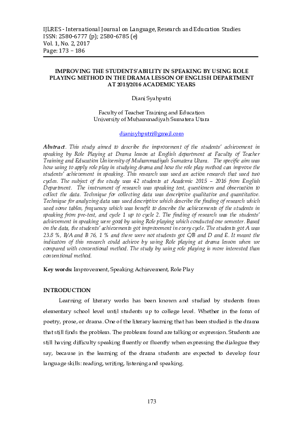 (PDF) Improving the Students’Ability in Speaking by Using Role Playing ...