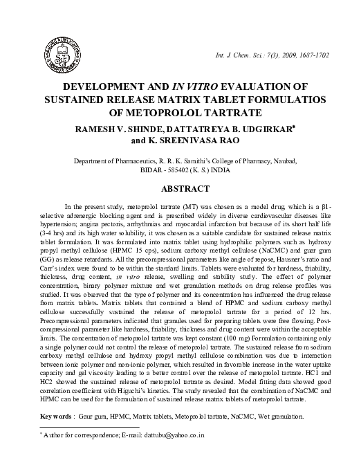 (PDF) Development and in vitro Evaluation of Sustained Release Matrix ...