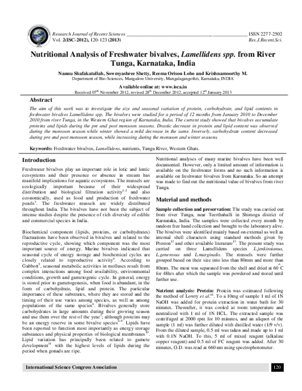 (PDF) Nutritional Analysis of Freshwater bivalves, Lamellidens spp