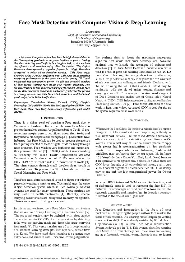 (PDF) Face Mask Detection with Computer Vision & Deep Learning s