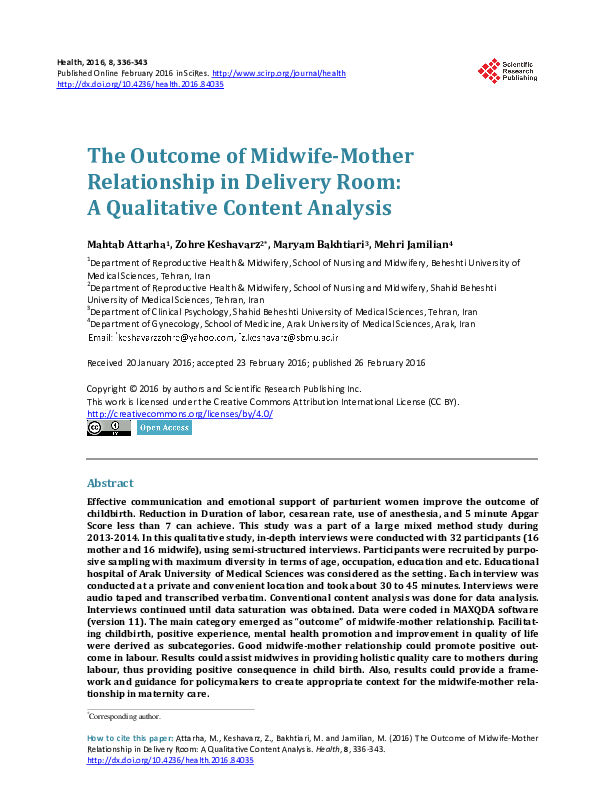 (PDF) The Outcome of Midwife-Mother Relationship in Delivery Room: A ...