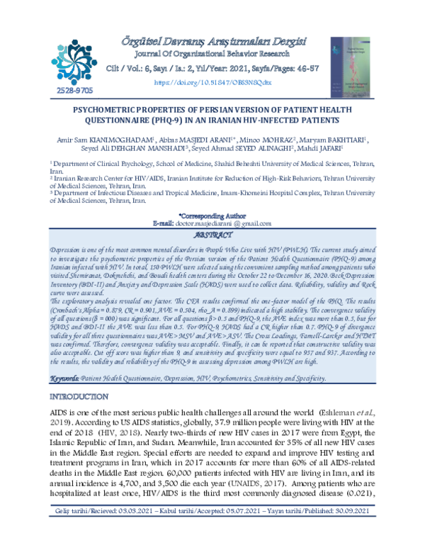 (PDF) Psychometric Properties Of Persian Version Of Patient Health ...