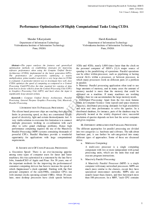 (PDF) Performance Optimization Of Highly Computational Tasks Using CUDA