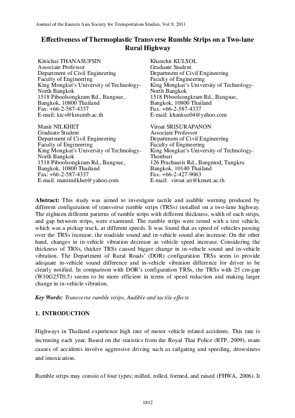 (PDF) Effectiveness of Thermoplastic Transverse Rumble Strips on a Two ...