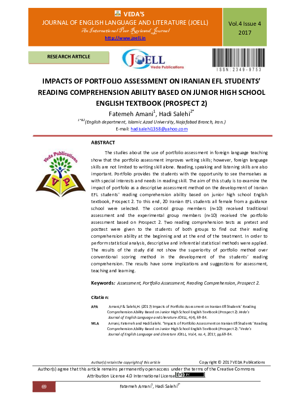 (PDF) Impacts of Portfolio Assessment on Iranian Efl Students’ Reading ...