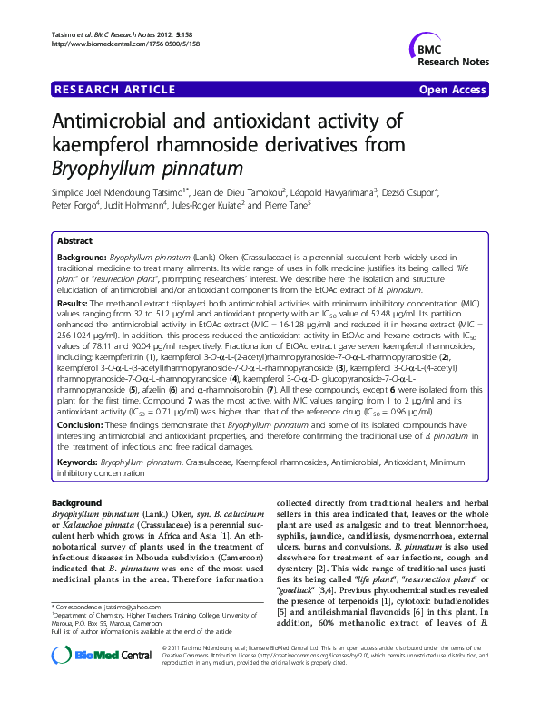 (PDF) Antimicrobial and antioxidant activity of kaempferol rhamnoside ...