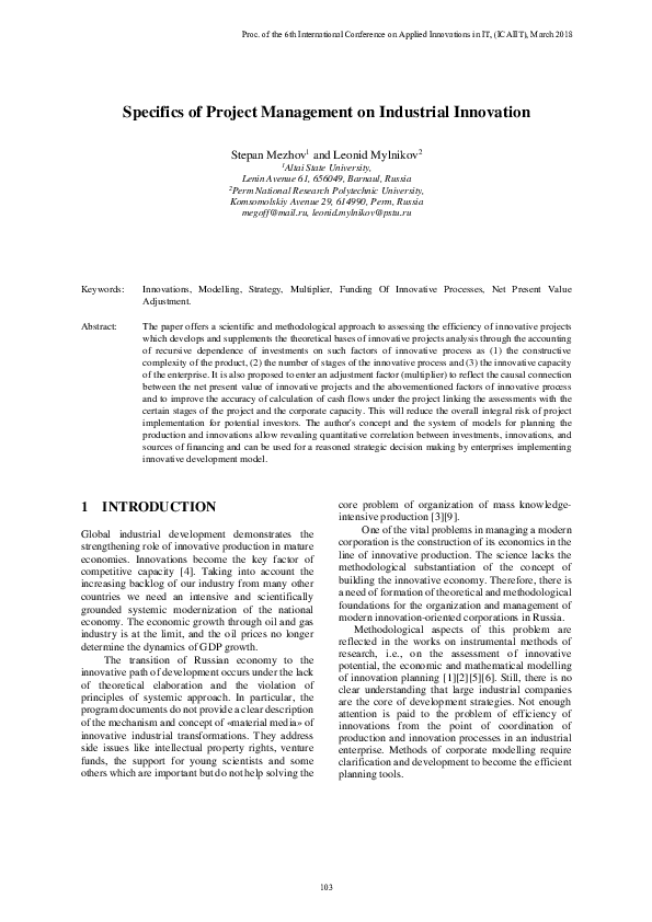 (PDF) Specifics of Project Management in Industrial Innovation