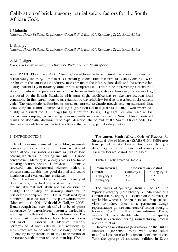 (PDF) Calibration of brick masonry partial safety factors for the South ...