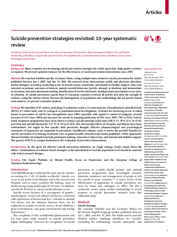 (PDF) Suicide prevention strategies revisited: 10-year systematic review