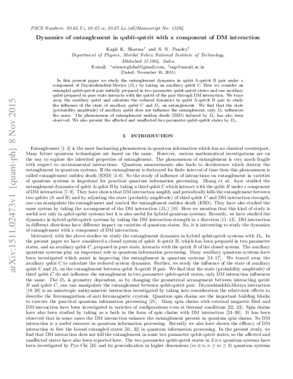 (PDF) Dynamics of Entanglement in Qubit-Qutrit with x -Component of DM ...