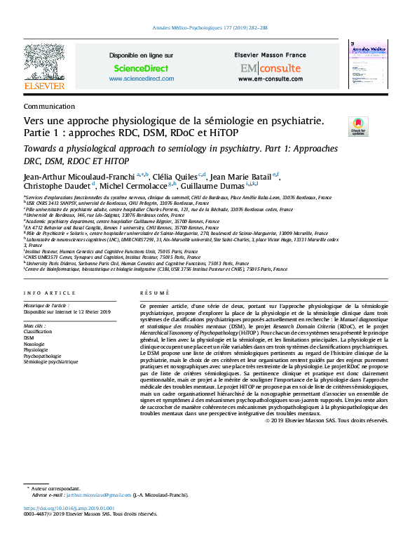 (PDF) Vers une approche physiologique de la sémiologie en psychiatrie ...