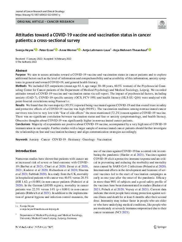 (PDF) Attitudes toward a COVID-19 vaccine and vaccination status in ...