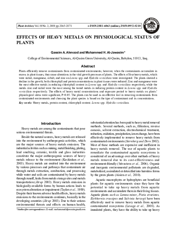 (PDF) Effects of Heavy Metals on Physiological Status of Plants
