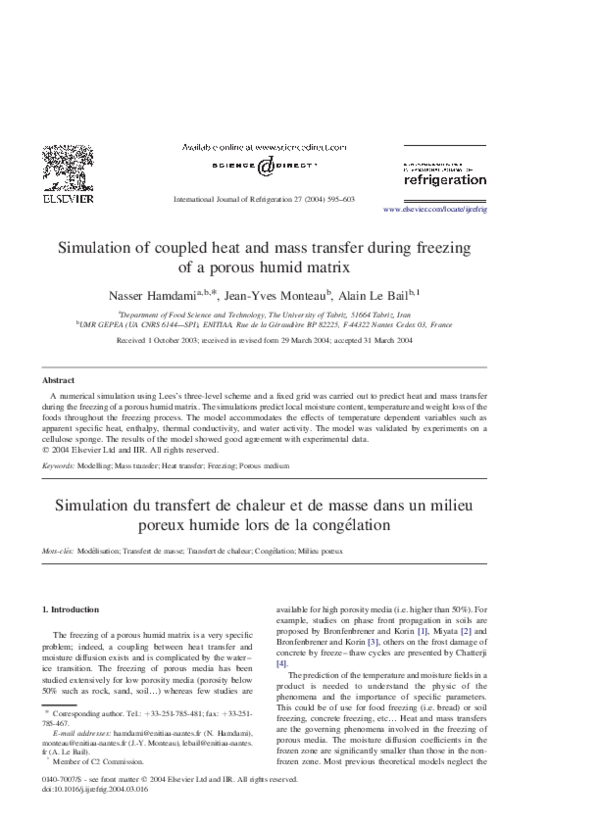 (PDF) Simulation of coupled heat and mass transfer during freezing of a ...
