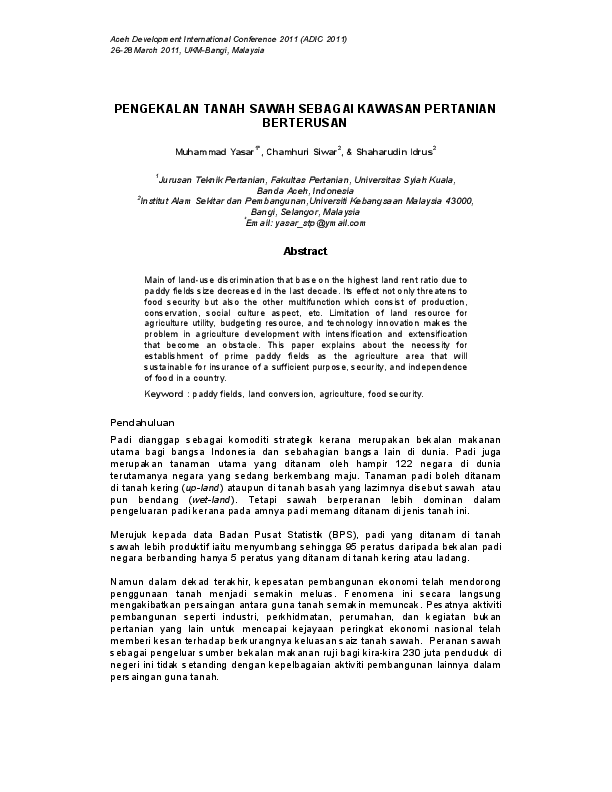 Pdf Pengekalan Tanah Sawah Sebagai Kawasan Pertanian Berterusan Shaharudin Idrus Academia Edu