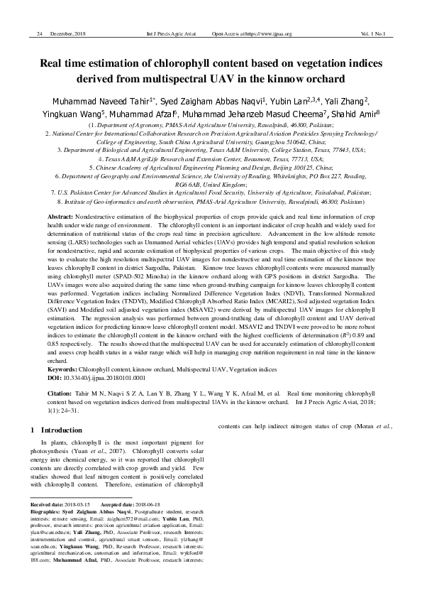 (PDF) Real time estimation of chlorophyll content based on vegetation ...
