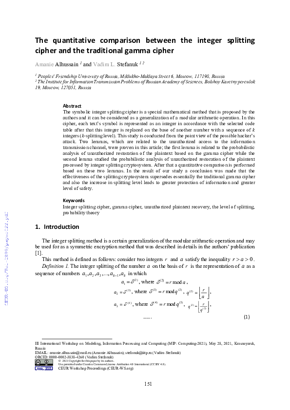 Image showcasing (PDF) The quantitative comparison between the integer splitting cipher ...