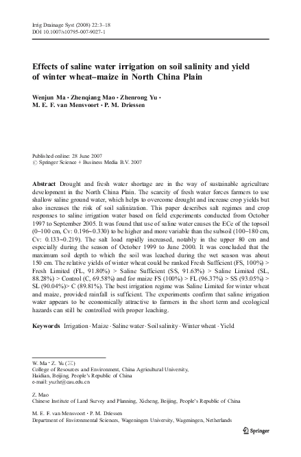 (PDF) Effects of Saline Water Irrigation on Soil Salinity and Yield of ...