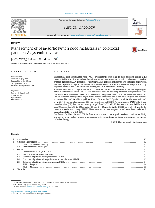 (PDF) Management of para-aortic lymph node metastasis in colorectal ...