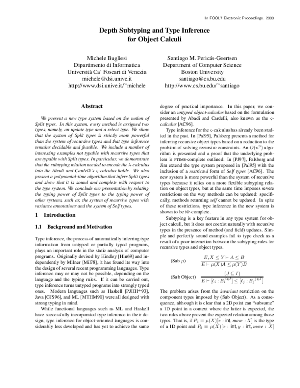 (PDF) Depth subtyping and type inference for object calculi