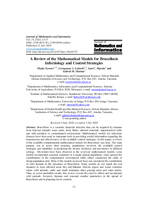 (PDF) A Review of the Mathematical Models for Brucellosis Infectiology ...