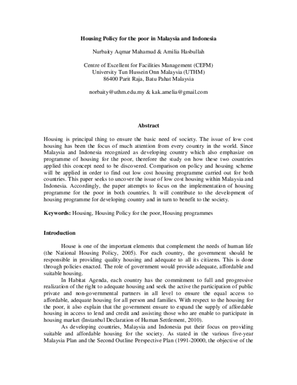 (PDF) Housing Policy for the poor in Malaysia and Indonesia