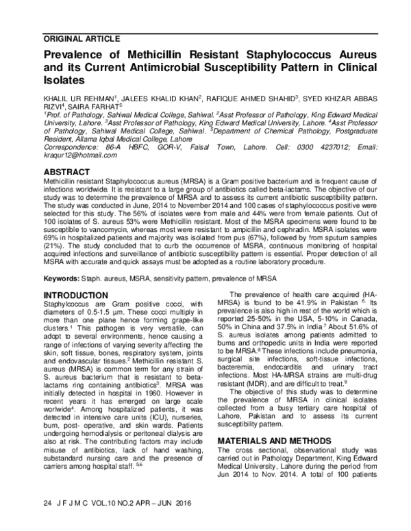 (PDF) Prevalence of Methicillin Resistant Staphylococcus Aureus and its ...