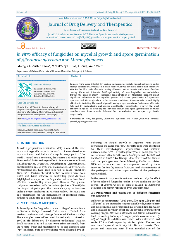 (PDF) In vitro efficacy of fungicides on mycelial growth and spore ...