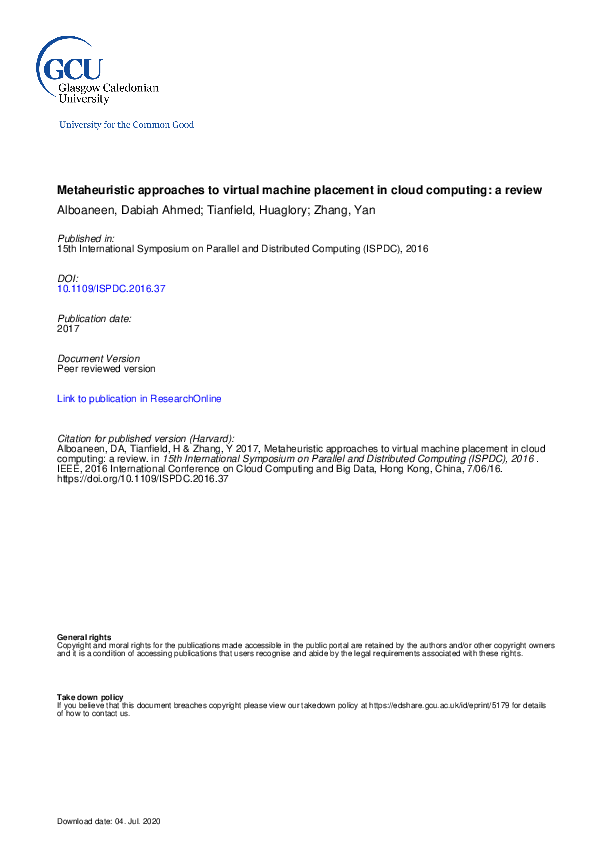 (PDF) Metaheuristic Approaches to Virtual Machine Placement in Cloud ...