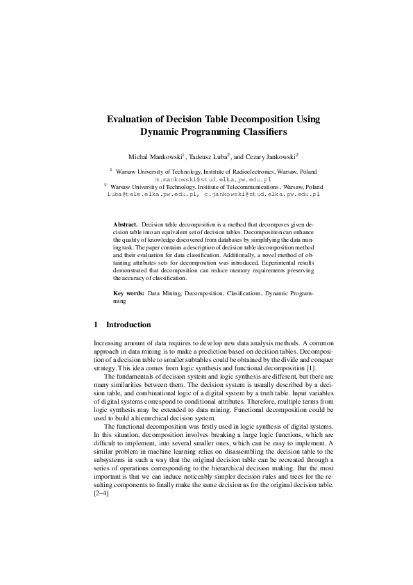 (PDF) Evaluation of Decision Table Decomposition Using Dynamic ...