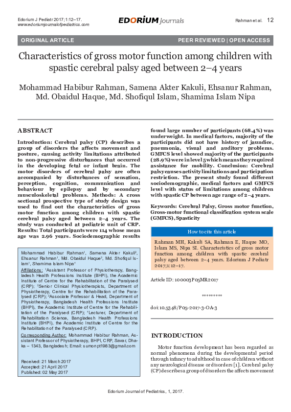 (PDF) Characteristics of gross motor function among children with ...