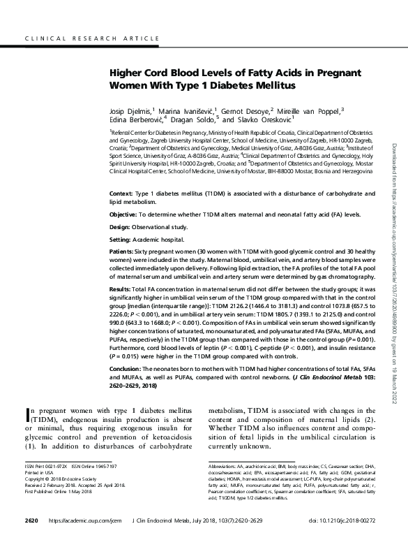 (PDF) Higher Cord Blood Levels of Fatty Acids in Pregnant Women With ...