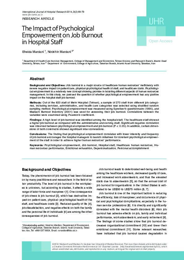 (PDF) The Impact of Psychological Empowerment on Job Burnout in ...