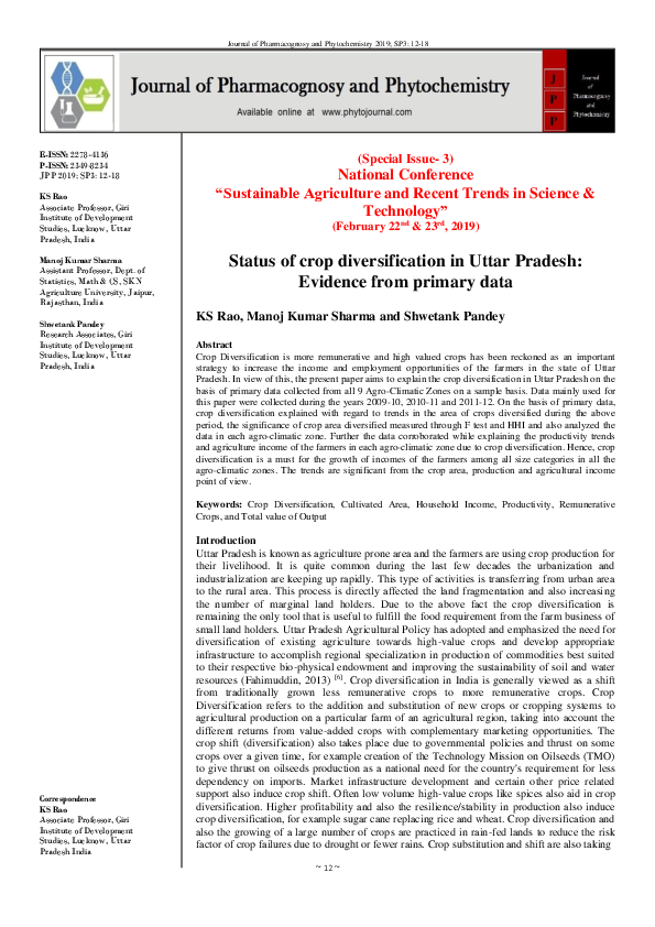 (PDF) Status of crop diversification in Uttar Pradesh: Evidence from ...
