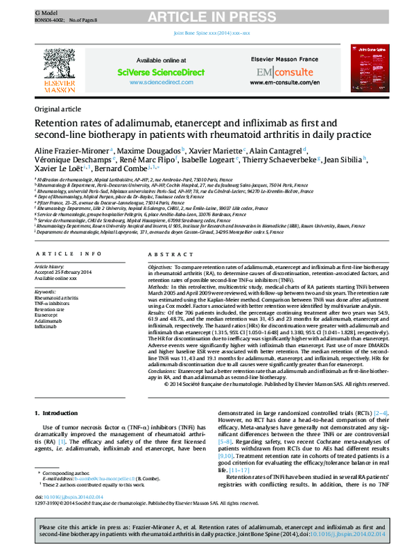 (PDF) Retention rates of adalimumab, etanercept and infliximab as first ...