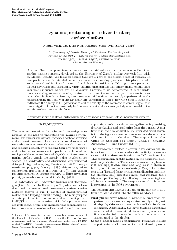 (PDF) Dynamic Positioning of a Diver Tracking Surface Platform