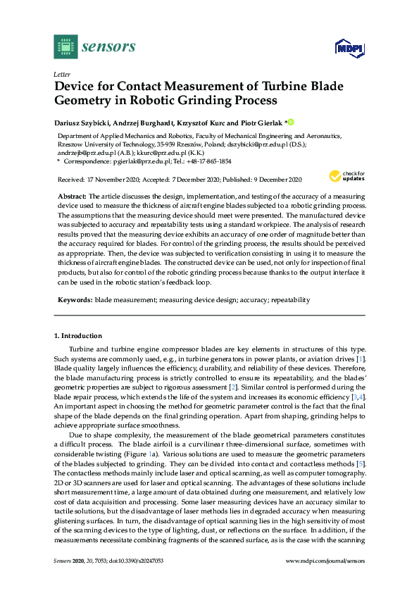 (PDF) Device for Contact Measurement of Turbine Blade Geometry in ...
