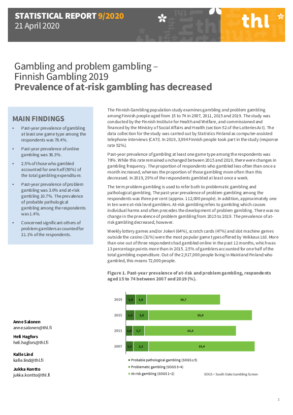 (PDF) Gambling and problem gambling – Finnish Gambling 2019 ...