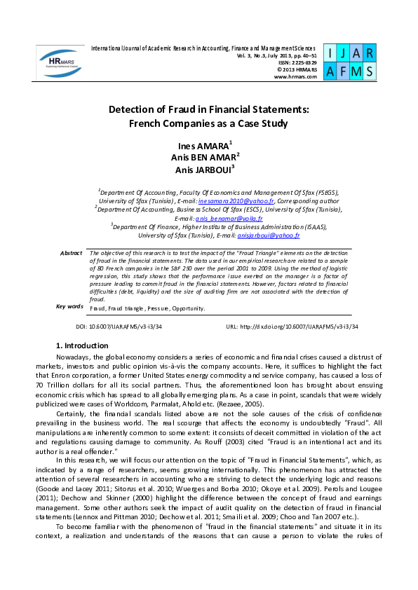 (PDF) Detection of Fraud in Financial Statements: French Companies as a ...