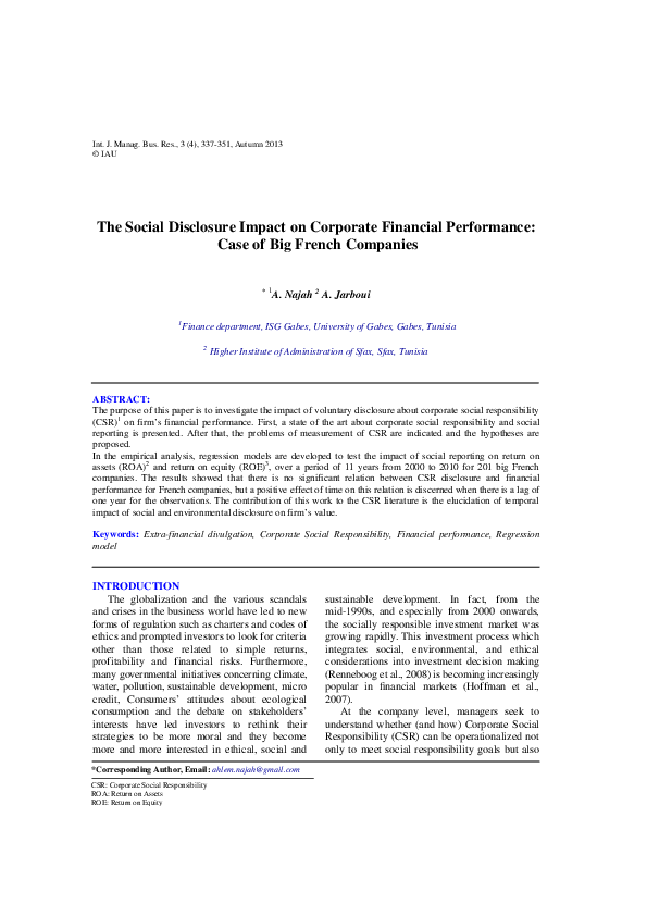 (PDF) The Social Disclosure Impact on Corporate Financial Performance ...
