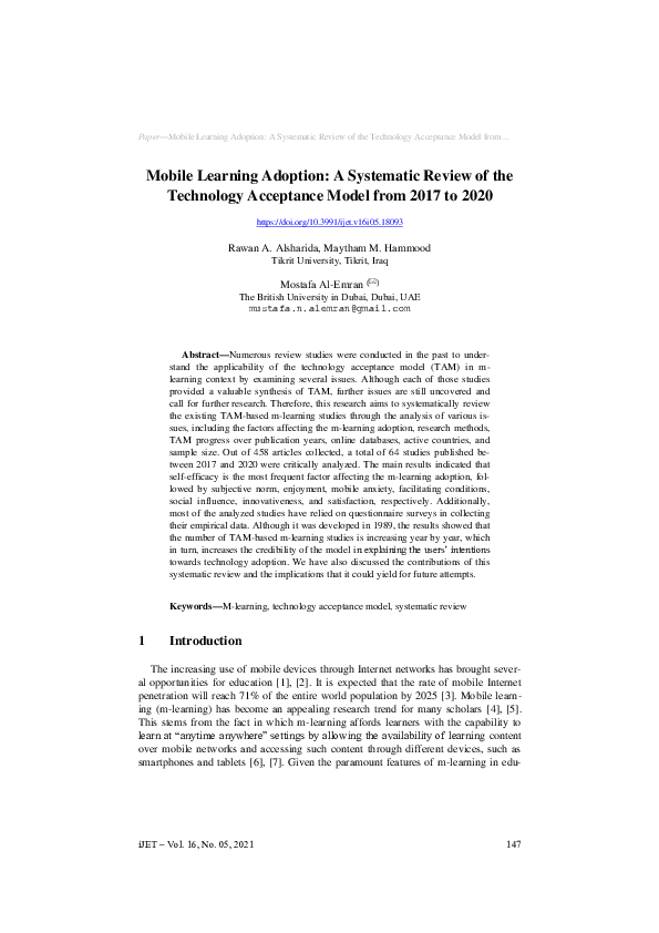 (PDF) Mobile Learning Adoption: A Systematic Review of the Technology ...