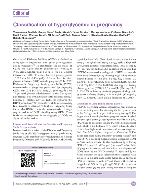 (PDF) Classification of hyperglycemia in pregnancy