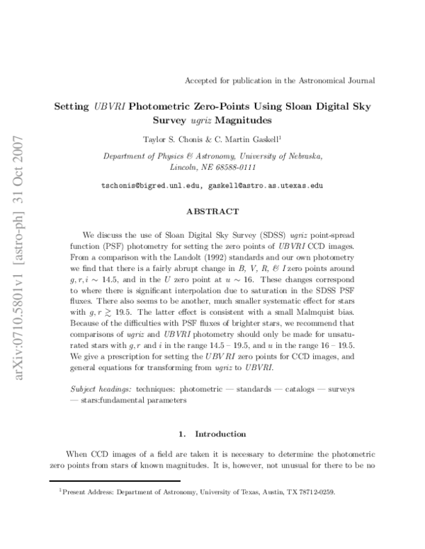 (PDF) Setting UBVRI Photometric ZeroPoints Using Sloan Digital Sky