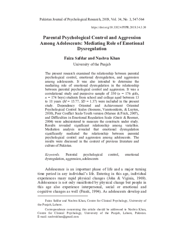 (PDF) Parental Psychological Control and Aggression Among Adolescents ...