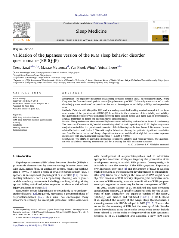 (PDF) Validation of the Japanese version of the REM sleep behavior