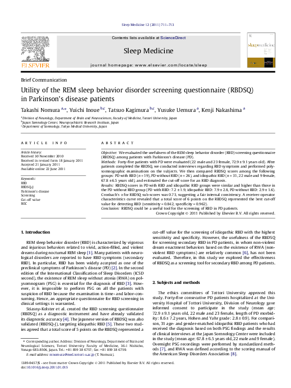(PDF) Utility of the REM sleep behavior disorder screening